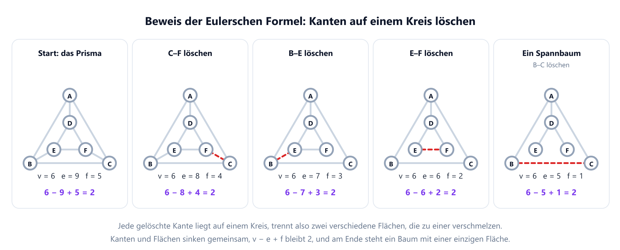 Fünf kleine Felder mit dem Dreiecksprisma. Im ersten sind alle 9 Kanten gezeichnet, und die Zählung lautet v 6, e 9, f 5. In jedem folgenden Feld ist eine weitere Kante, die auf einem Kreis liegt, rot gestrichelt als gelöscht dargestellt, und die beiden Flächen, die sie getrennt hat, verschmelzen: zuerst die Kante C F, dann B E, dann E F, dann B C. Die Zählungen lauten 6, 8, 4, dann 6, 7, 3, dann 6, 6, 2, dann 6, 5, 1, und das letzte Feld ist ein Spannbaum mit einer einzigen Fläche. Unter jedem Feld gilt v minus e plus f gleich 2.