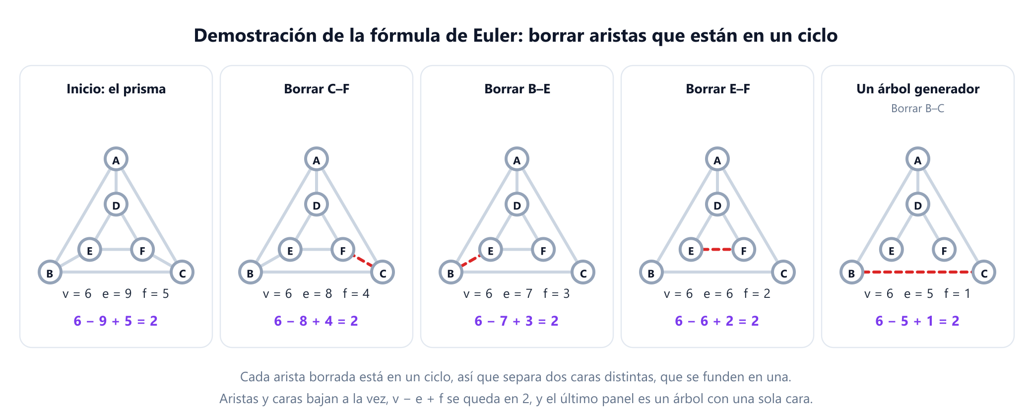Cinco paneles pequeños del prisma triangular. En el primero están dibujadas las 9 aristas y el recuento dice v 6, e 9, f 5. En cada panel siguiente, una arista más que está en un ciclo aparece discontinua en rojo como borrada, y las dos caras que separaba se funden: primero la arista C F, después B E, después E F y después B C. Los recuentos dicen 6, 8, 4, luego 6, 7, 3, luego 6, 6, 2 y luego 6, 5, 1, y el último panel es un árbol generador con una sola cara. Debajo de cada panel, v menos e más f es igual a 2.
