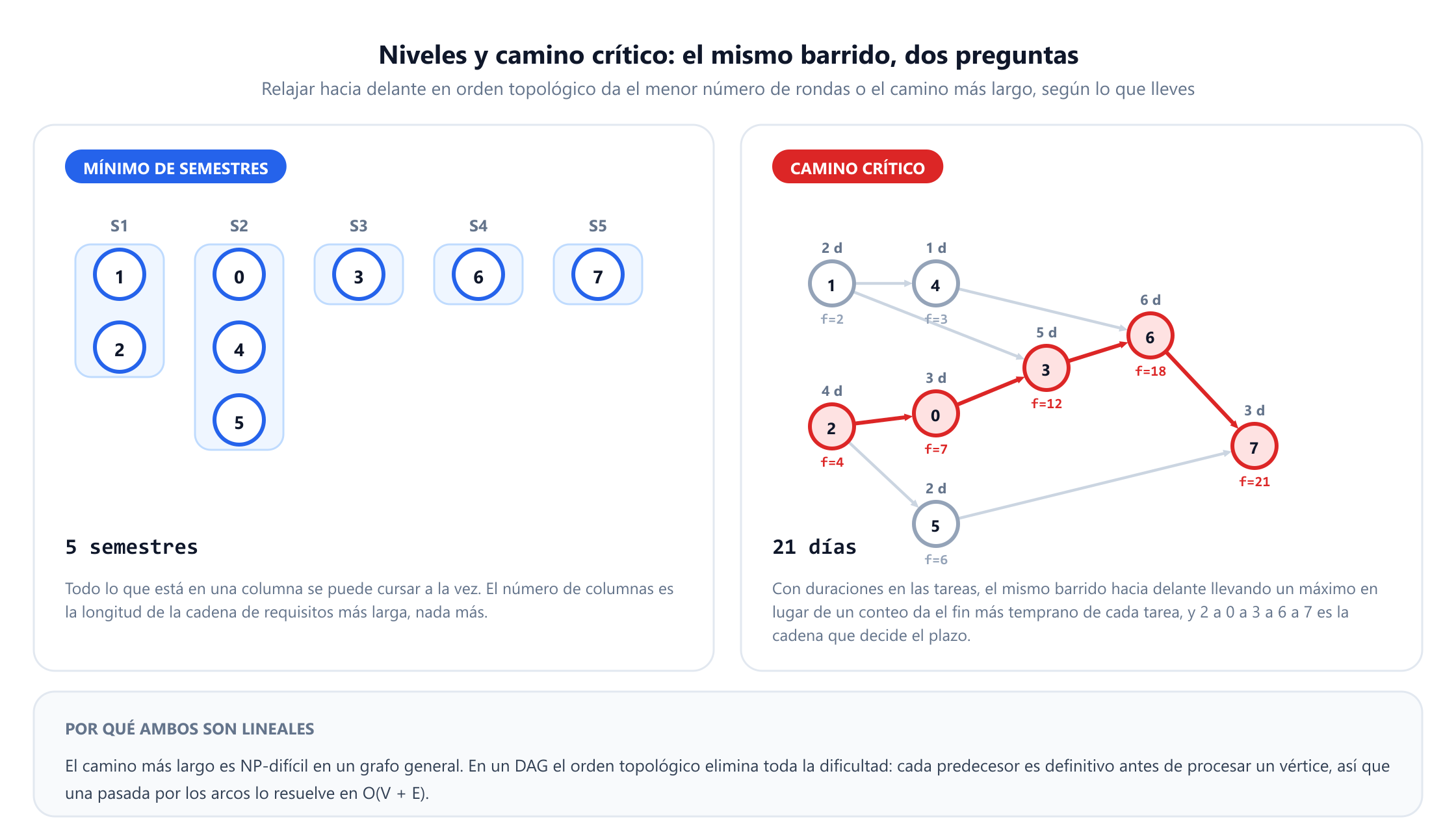Dos paneles sobre el mismo DAG de ocho vértices. A la izquierda, el mínimo de semestres: cinco columnas con los vértices 1 y 2, luego 0, 4 y 5, luego 3, luego 6 y luego 7, que dan cinco semestres. A la derecha, el camino crítico: cada vértice lleva una duración en días y un tiempo de finalización más temprano, la cadena 2 a 0 a 3 a 6 a 7 está resaltada en rojo con finalizaciones 4, 7, 12, 18 y 21, y la duración del proyecto es de 21 días. Una nota explica que el camino más largo es NP-difícil en un grafo general pero lineal en un DAG.