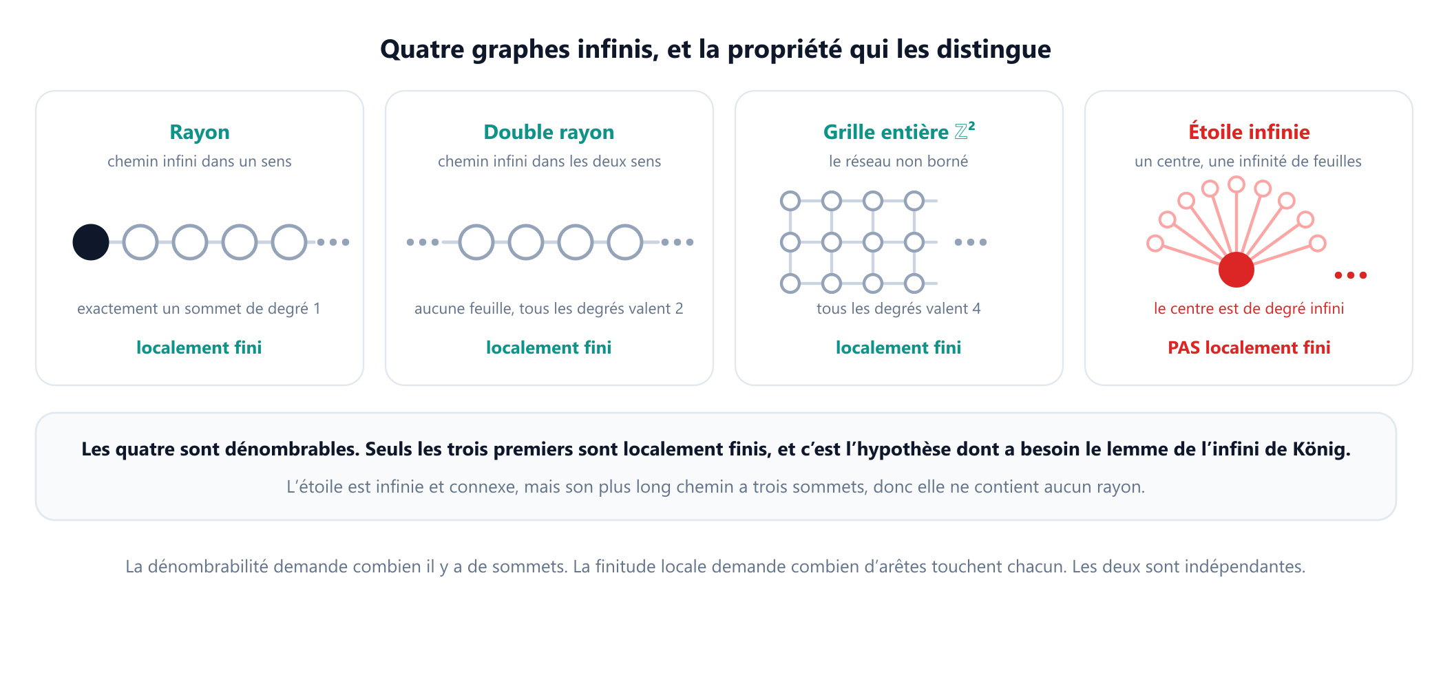 Quatre graphes infinis côte à côte avec leurs propriétés. Un rayon, le chemin infini dans un sens, est dénombrable et localement fini, avec un sommet de degré un. Un double rayon, le chemin infini dans les deux sens, est dénombrable et localement fini, tous ses sommets sont de degré deux et il n'a aucune feuille. La grille carrée infinie sur le réseau des entiers est dénombrable et localement finie, tous ses sommets sont de degré quatre. Une étoile infinie est dénombrable mais pas localement finie, puisque son centre est de degré infini.