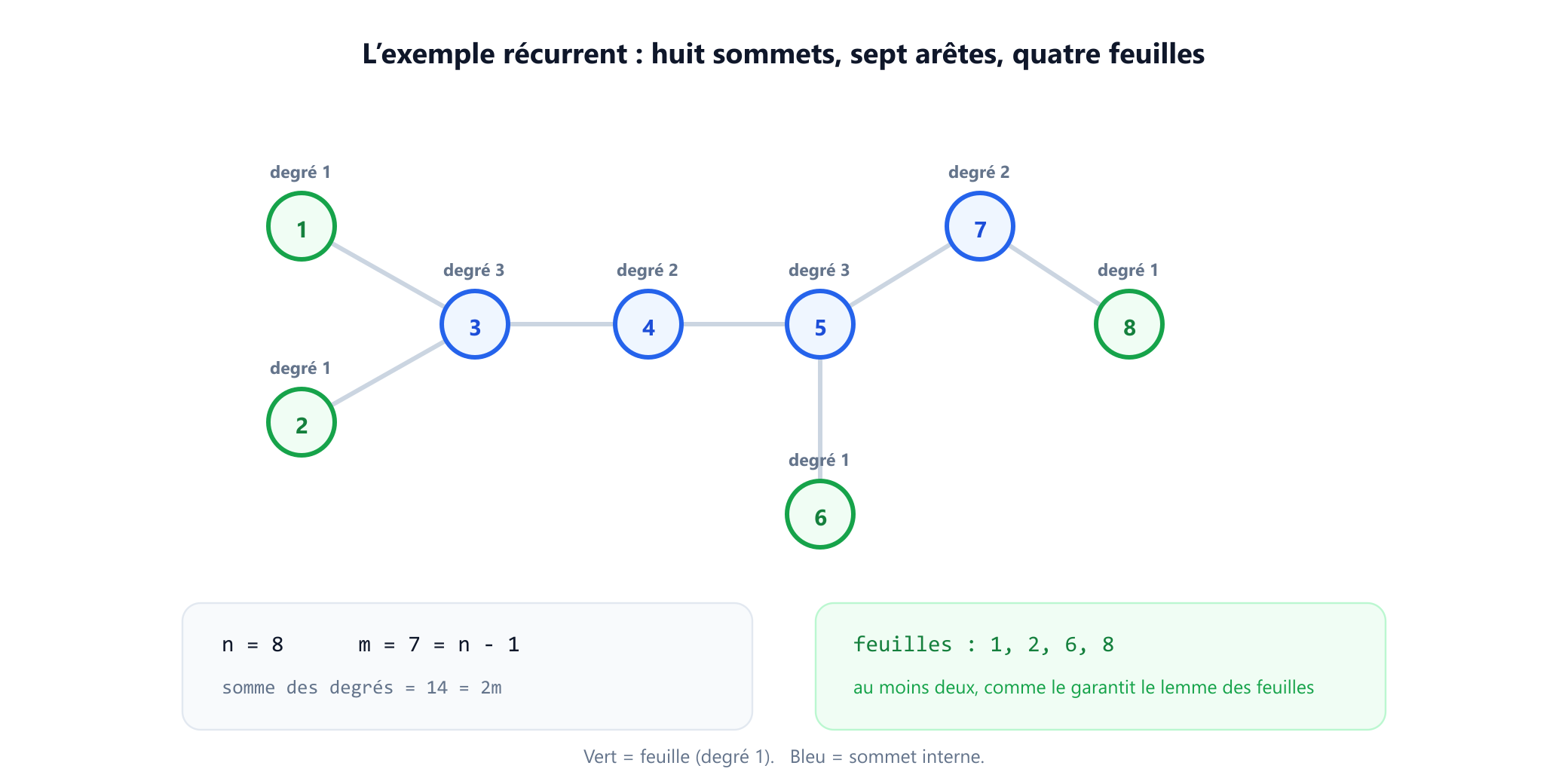 Un arbre sur huit sommets étiquetés. Le sommet 3 est relié aux sommets 1, 2 et 4 ; le sommet 4 à 3 et 5 ; le sommet 5 à 4, 6 et 7 ; le sommet 7 à 5 et 8. Les feuilles 1, 2, 6 et 8 sont marquées en vert, les sommets internes 3, 4, 5 et 7 en bleu, et chaque sommet est annoté de son degré. Un panneau indique huit sommets, sept arêtes, une somme des degrés de quatorze et quatre feuilles.