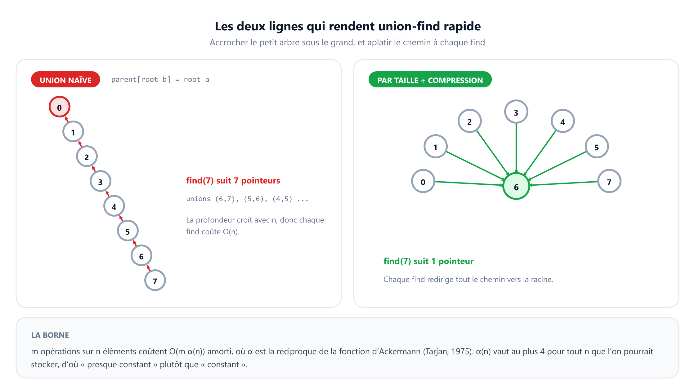 Deux panneaux. À gauche, l'union naïve, qui accroche toujours une racine sous l'autre, construit une chaîne de 0 jusqu'à 7, si bien que find de 7 suit sept pointeurs et que chaque find est d'ordre n. À droite, l'union par taille avec compression de chemin produit une étoile plate avec 6 au centre et les sept autres éléments pointant directement vers lui, si bien que find de 7 suit un seul pointeur. Un bandeau en dessous indique que m opérations sur n éléments coûtent de l'ordre de m fois alpha de n en amorti, et qu'alpha de n vaut au plus 4 pour tout n que l'on pourrait stocker.