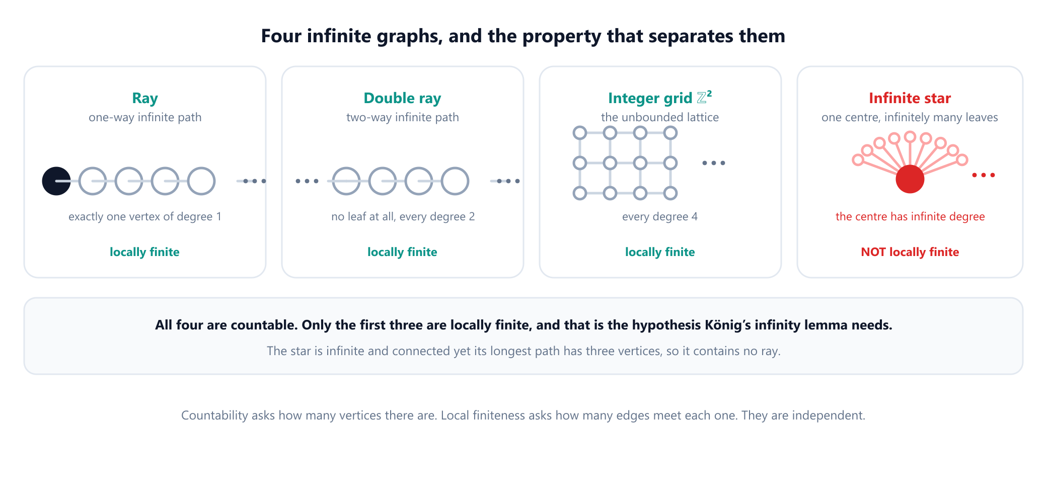 Four infinite graphs drawn side by side with their properties. A ray, the one-way infinite path, is countable and locally finite with one vertex of degree one. A double ray, the two-way infinite path, is countable and locally finite with every vertex of degree two and no leaf at all. The infinite square grid on the integer lattice is countable and locally finite with every vertex of degree four. An infinite star is countable but not locally finite, since its centre has infinite degree.