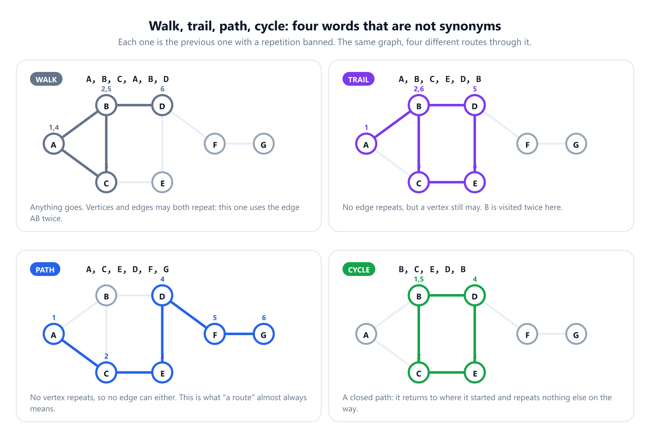 Four panels, each showing the same seven-vertex graph with a different route highlighted and its steps numbered. Walk: A, B, C, A, B, D, which reuses the edge A B. Trail: A, B, C, E, D, B, which repeats the vertex B but no edge. Path: A, C, E, D, F, G, which repeats nothing. Cycle: B, C, E, D, B, a closed path returning to its start.
