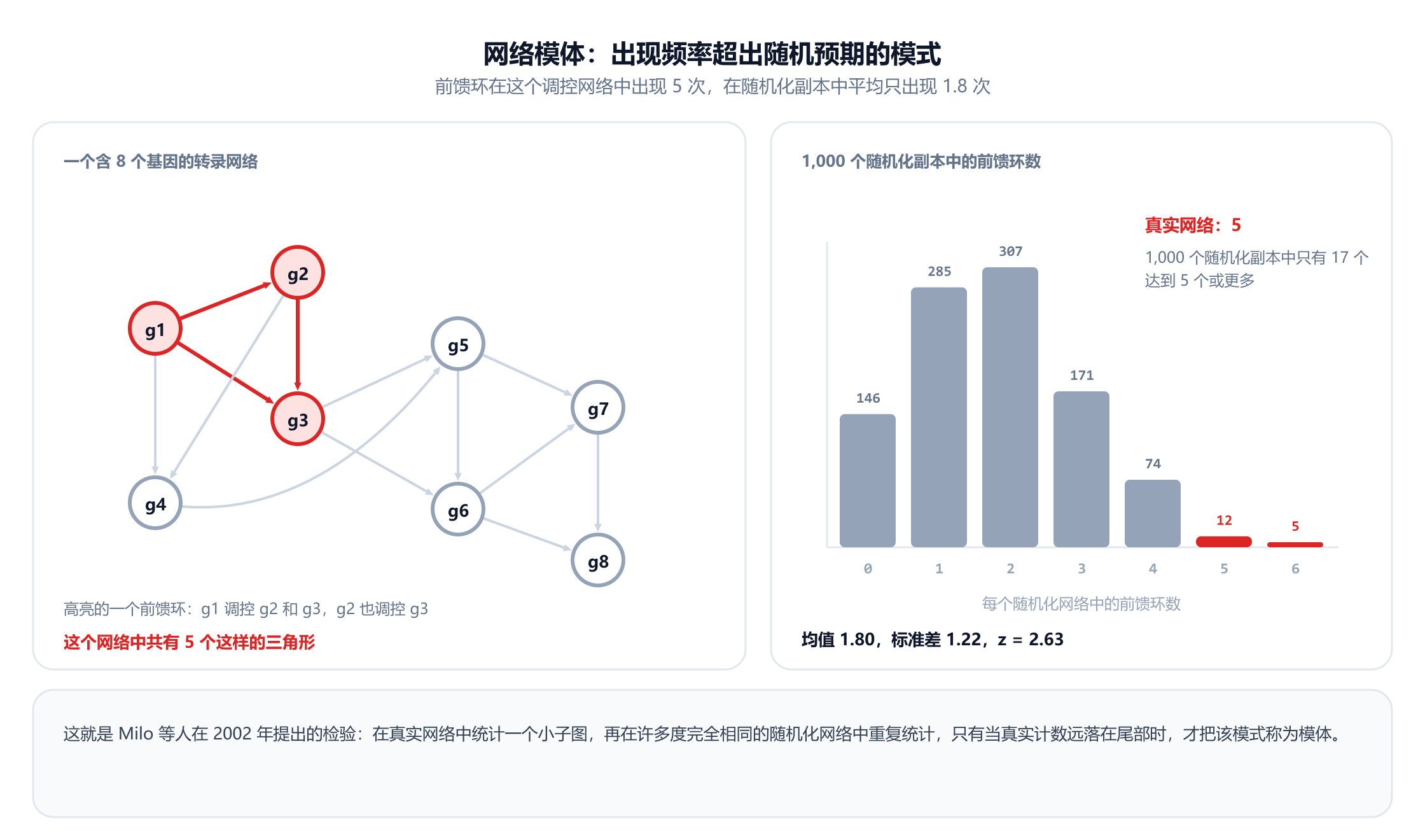 一个由标记为 g1 到 g8 的八个基因组成、有十三条弧的有向转录网络。一个前馈环以红色高亮：g1 调控 g2，g1 调控 g3，g2 也调控 g3。旁边的直方图显示，在度完全相同的 1,000 个随机化副本中出现了多少个前馈环：146 个副本一个都没有，285 个有一个，307 个有两个，171 个有三个，74 个有四个，12 个有五个，5 个有六个。真实网络有五个，随机化均值为 1.80，标准差为 1.22，z 分数为 2.63，1,000 个随机化副本中只有 17 个达到五个或更多。