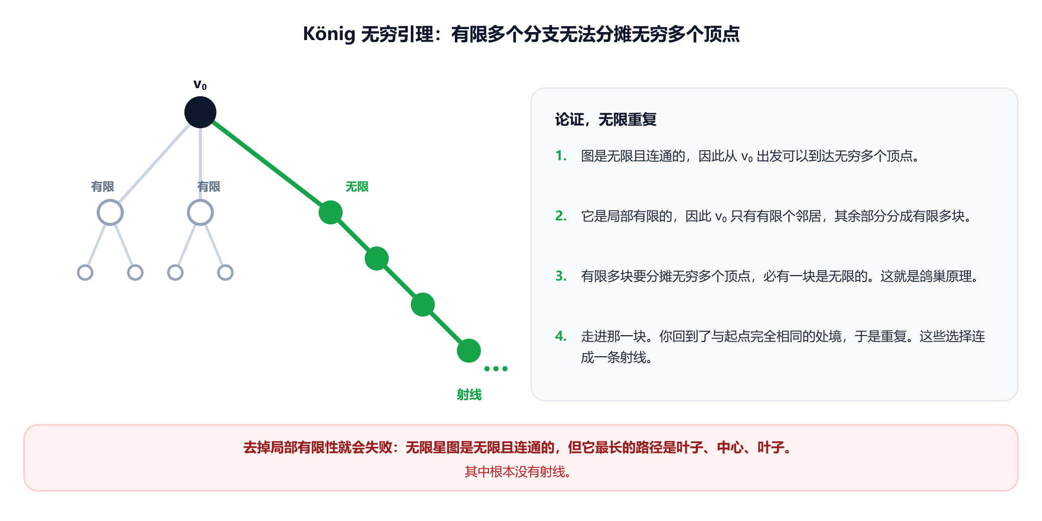 一棵以 v 零为根的无限局部有限树，其三棵子树按大小标注为：有限、有限和无限。无限的分支被突出显示为论证所沿着的那一支，文字说明解释道：由于根只有有限个邻居而整个图是无限的，至少有一个分支必须包含无穷多个顶点，所以这一步可以无限重复，从而构造出一条射线。